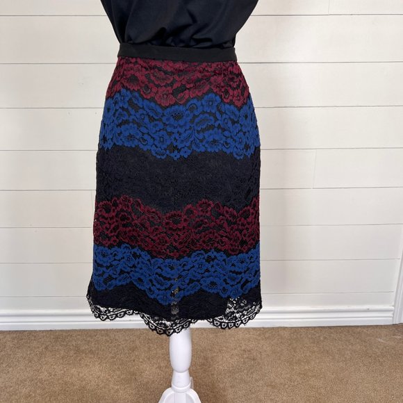 Karl Lagerfeld Blue, Black & Maroon Lace Midi Pencil Skirt Size 8 - Picture 6 of 9